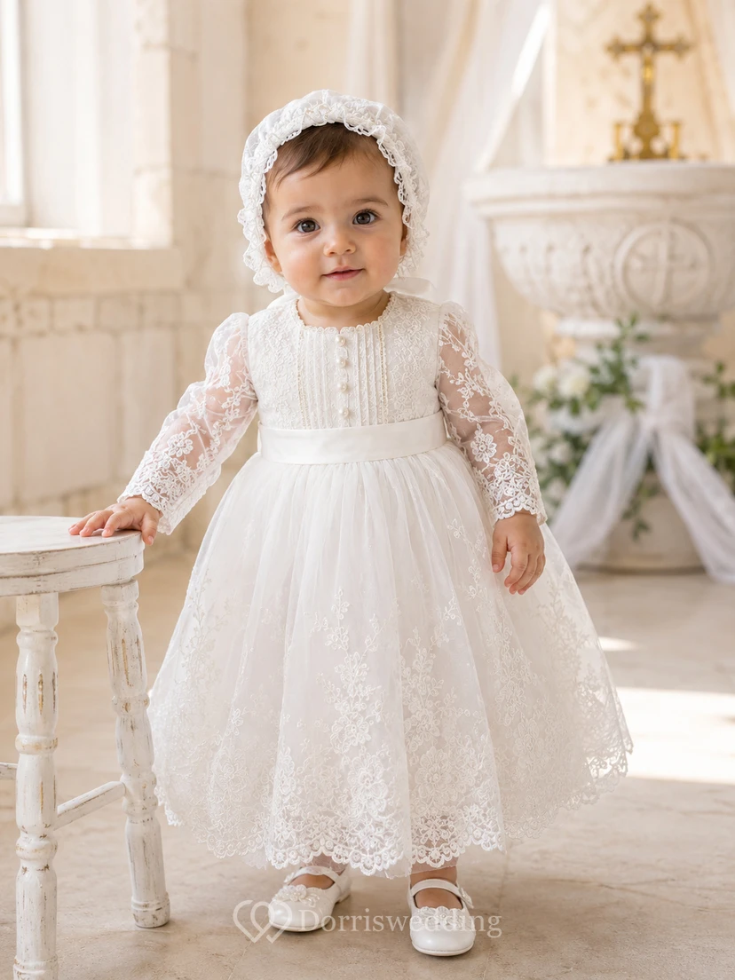 Modest Baby Baptism Christening Ceremony Dress A-Line Tea-Length Jewel Neck Long Sleeve Tulle Lace Bow Back Button Back