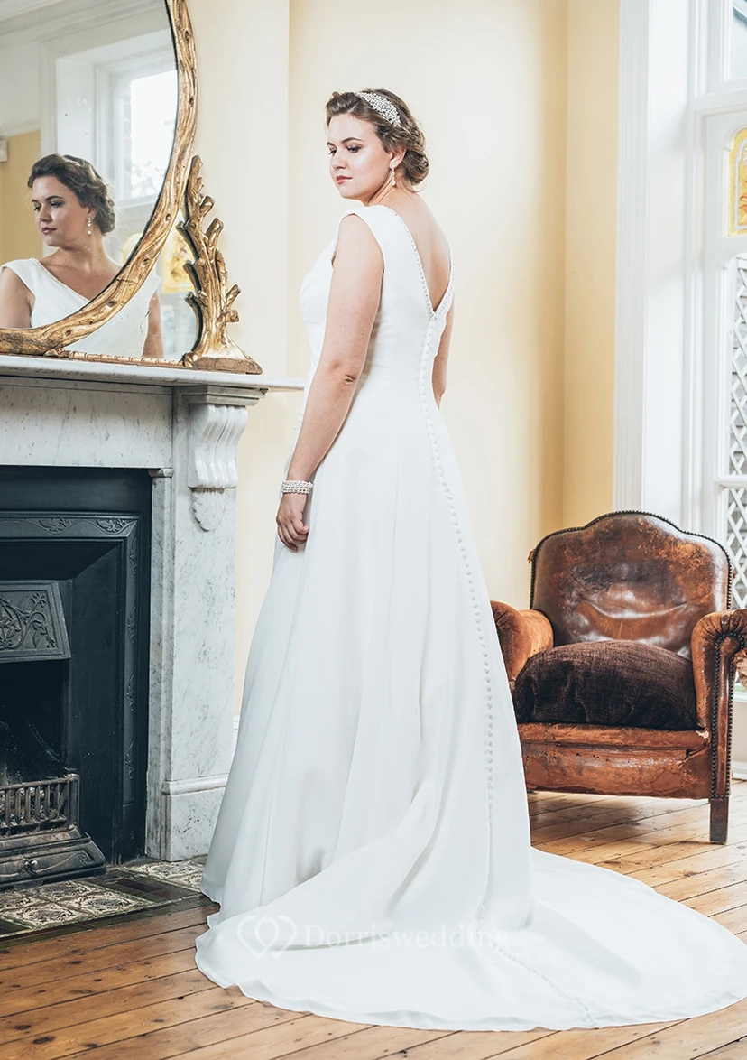 A-Line Floor-Length V-Neck Sleeveless Chiffon Court Train Low-V Back Side Draping Dress view 2