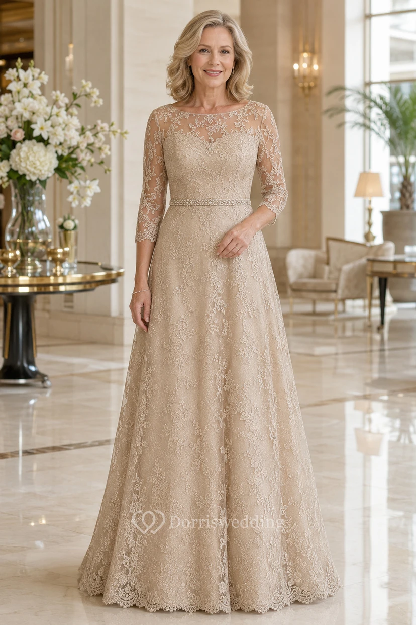 Champagnerfarbenes, langärmeliges A-Linien-Spitzenkleid für Mütter