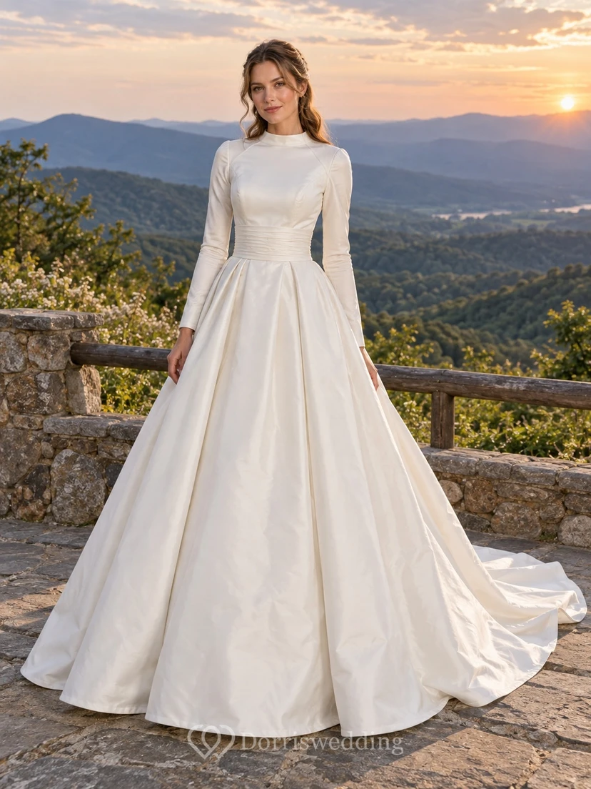 Simple Long Sleeve High Neck A-Line Pleated Taffeta Sweep Train Wedding Dress