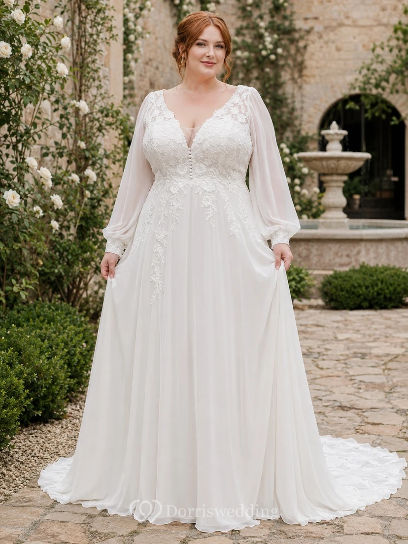 Romantisches Brautkleid in Übergröße mit langen Ärmeln, V-Ausschnitt, Chiffon, A-Linie und großer Oberweite