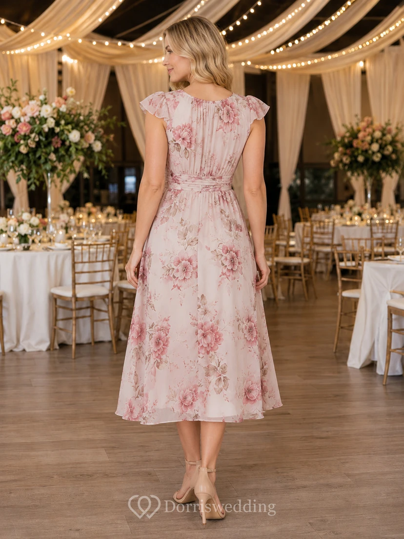 Pink Floral Cap Sleeve A Line School Fundraiser Midi Dress view 2