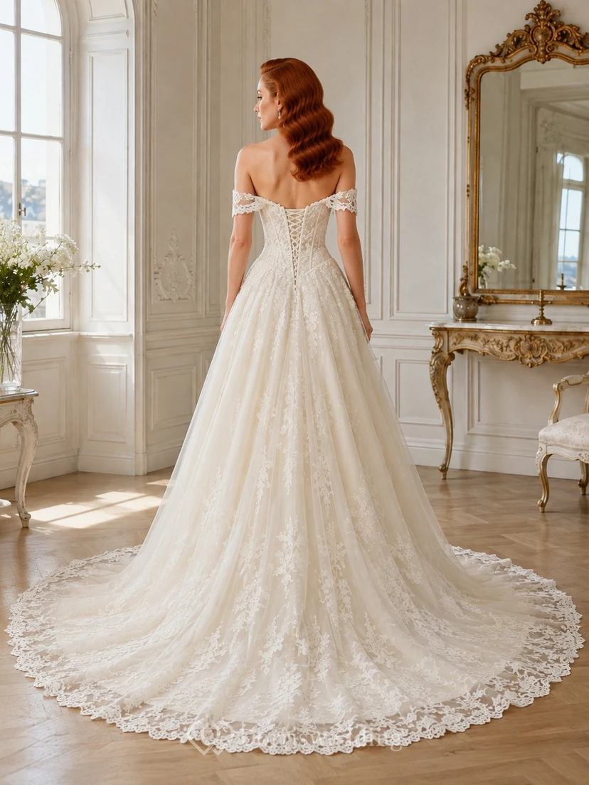 Vestido de novia blanco de encaje con escote de hombros descubiertos y corte en A, estilo vintage romántico. view 2