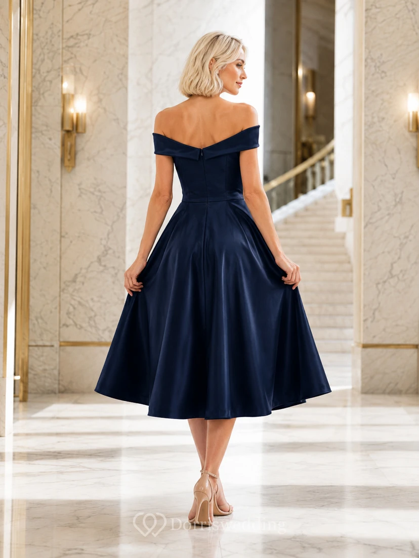 Navy off shoulder satin A-line tea length cocktail dress view 2