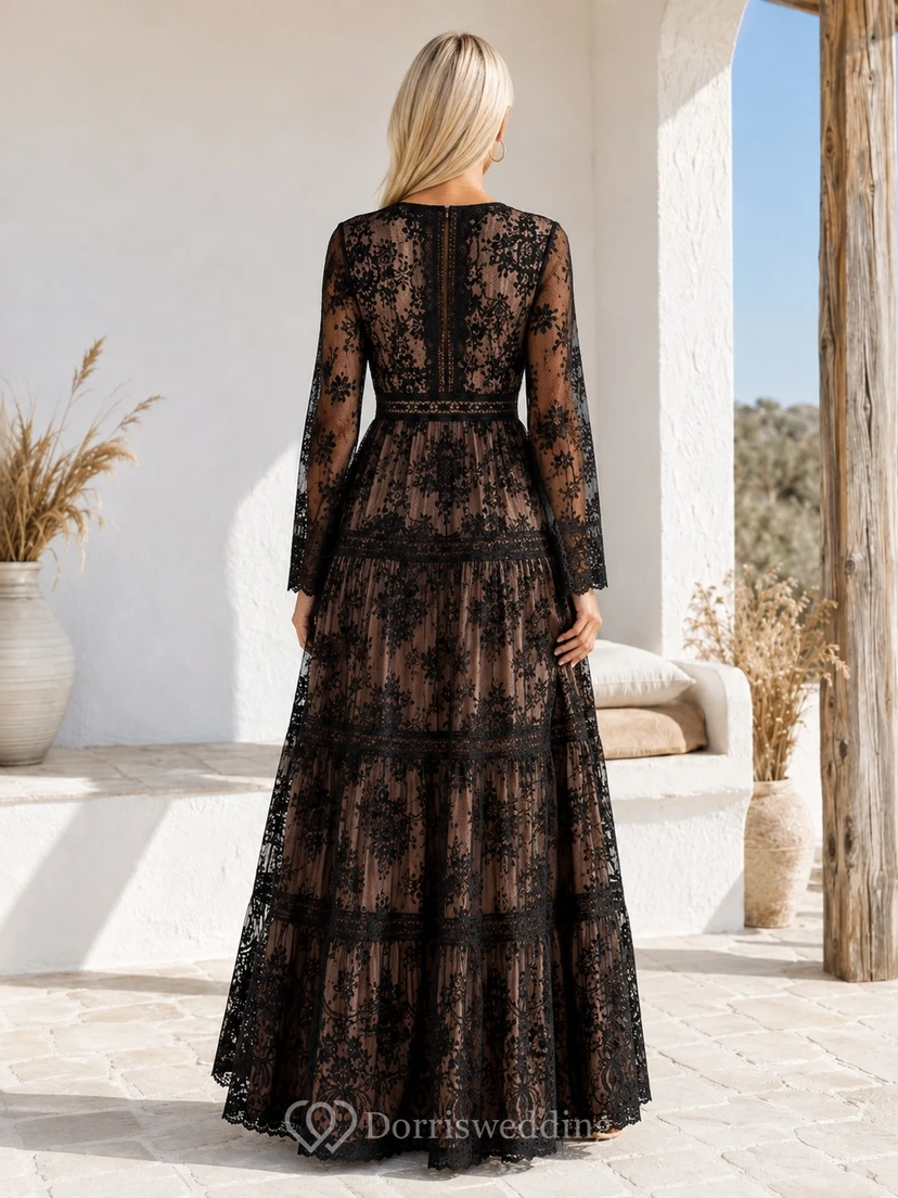 Boho Black V-neck Long Sleeve Tiered Lace Evening Dress view 2