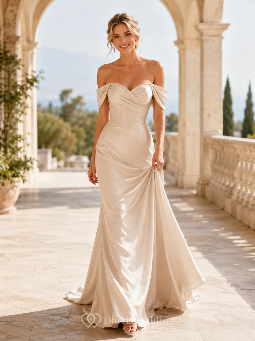 Robe de mariée fourreau en satin drapé à épaules dénudées et fente latérale, drapée sur le côté