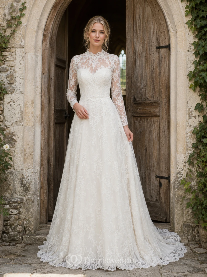 Robe de mariée vintage en dentelle, col montant, manches longues, coupe trapèze, style chapelle