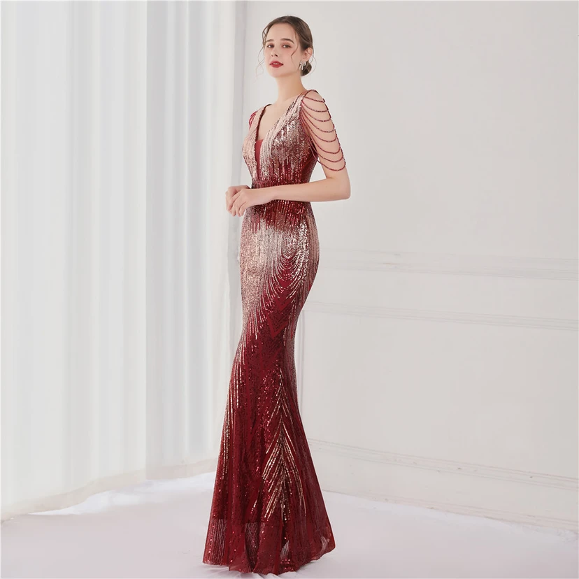 Vestido largo de lentejuelas con cola de pez, ideal para eventos, banquetes, eventos de celebridades y eventos de moda. Vestido de noche con etiqueta para modelos de automóviles. view 2