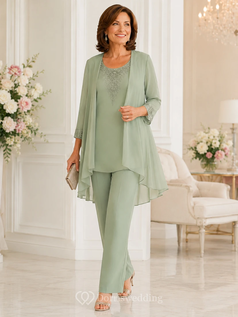 Jumpsuit, knöchellang, Rundhalsausschnitt, 3/4-Ärmel, Chiffon-Hosenanzug mit Jacke view 2