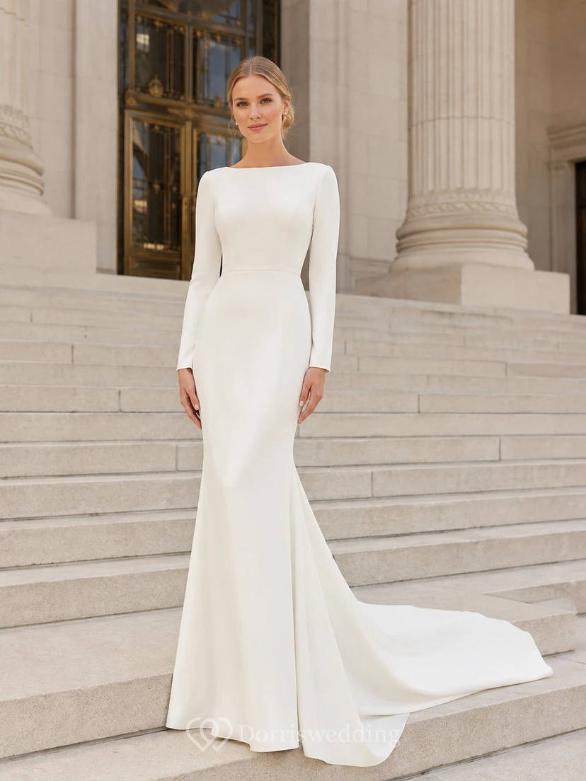 Simple Modest Crepe Long Sleeve City Hall Wedding Dress