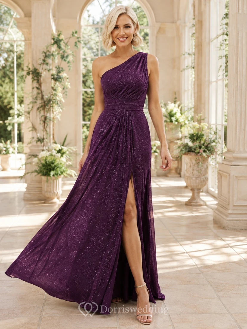 Plum Evening Dress A-Line Chiffon One-Shoulder Ruched Slit Romantic Formal Gown