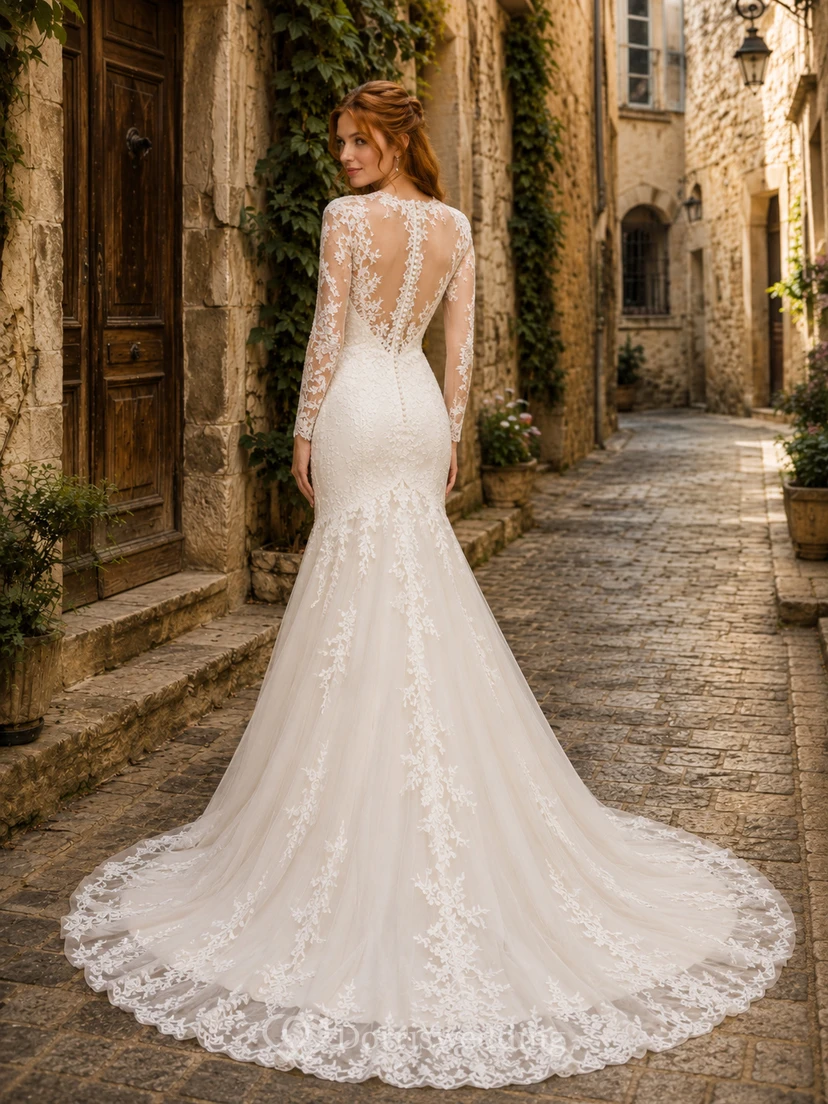 Modest Lace Tulle Wedding Dress Mermaid Jewel Neck Long Sleeve Chapel Train Bridal Gown view 2