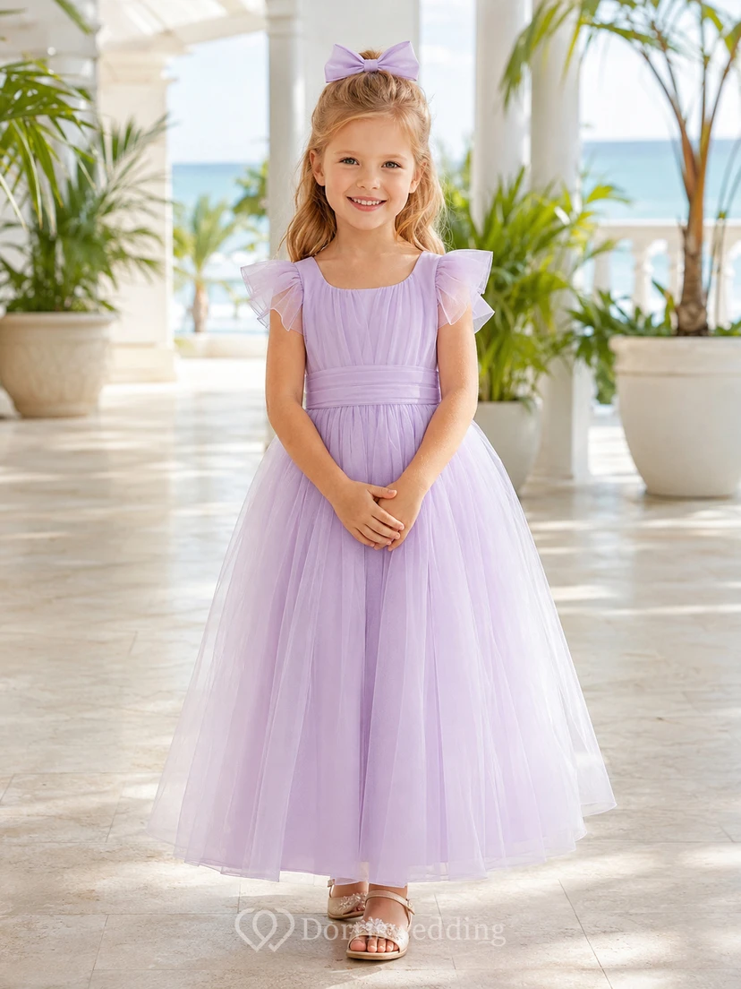 Blumenmädchenkleid aus lavendelfarbenem Chiffon und Tüll, A-Linie, Rundhalsausschnitt, Teelänge, mit Schärpendetails