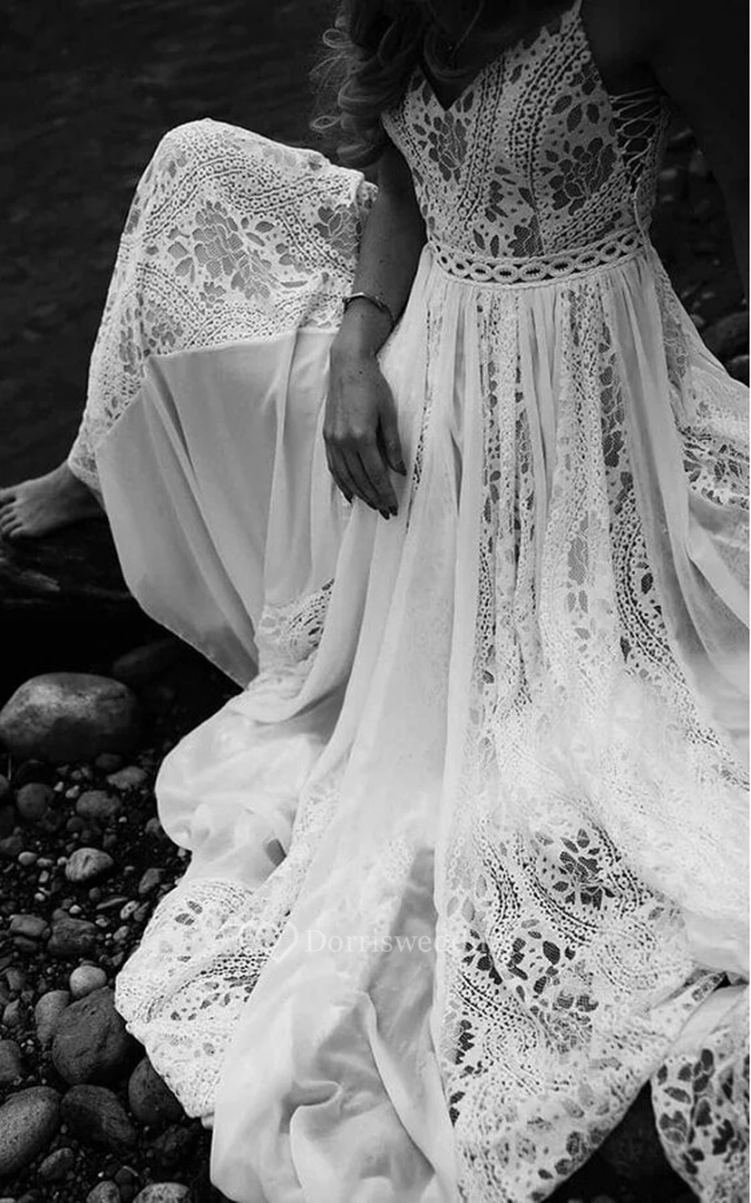 Lässiges, ärmelloses Chiffon-Hochzeitskleid im Landhausstil mit Spaghettiträgern, Empire-Stil view 3