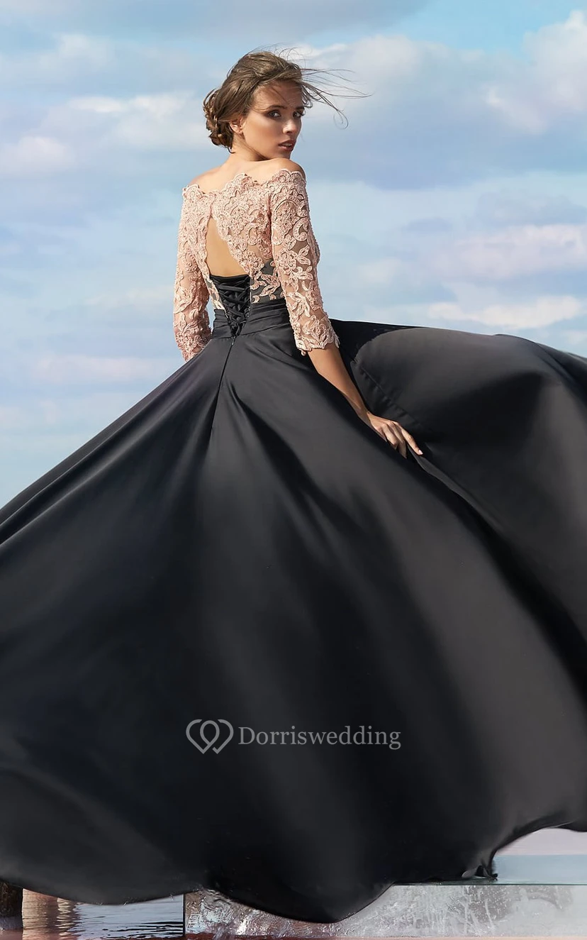 A Line Floor Length Off The Shoulder 3 4 Length Sleeve Chiffon Keyhole Dress view 2