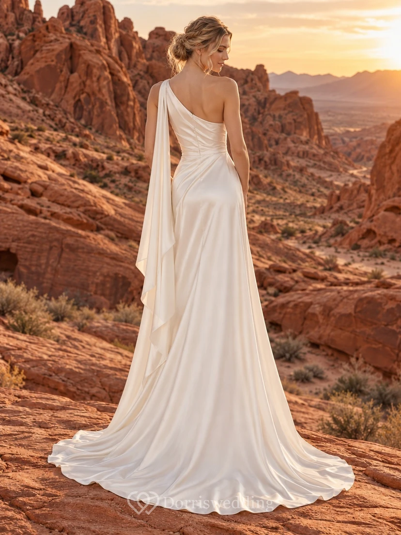 Vestido de novia sencillo de un solo hombro, sin mangas, drapeado y largo hasta el suelo, de charmeuse. view 2