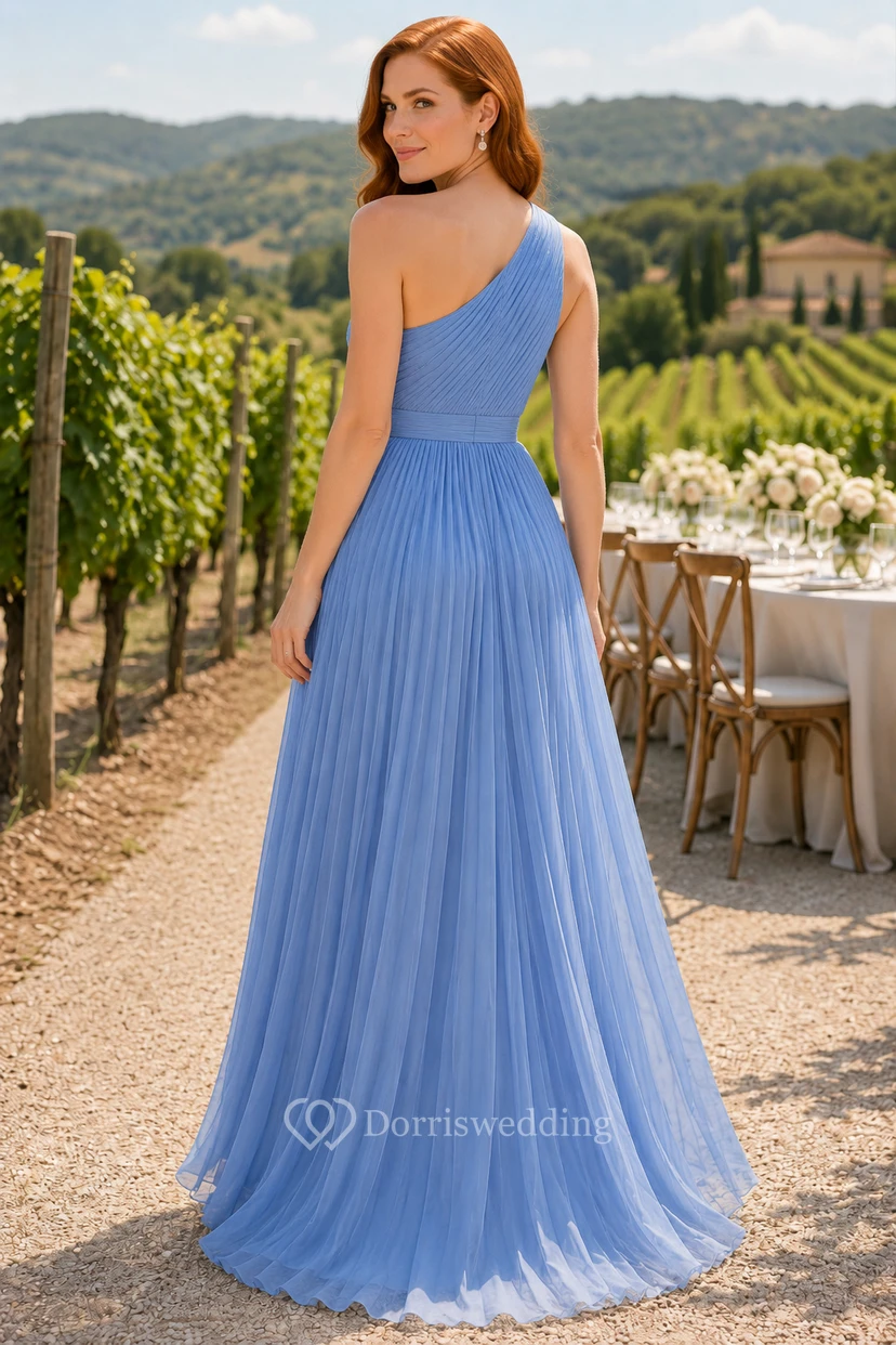 Robe de soirée bleu ciel asymétrique en tulle, coupe trapèze view 2