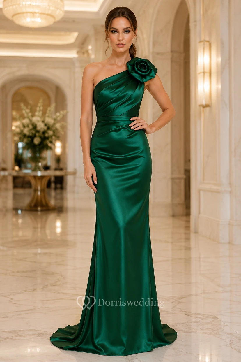 Smaragdgrünes Meerjungfrauenkleid aus Satin mit One-Shoulder-Schulter und Blumenapplikation