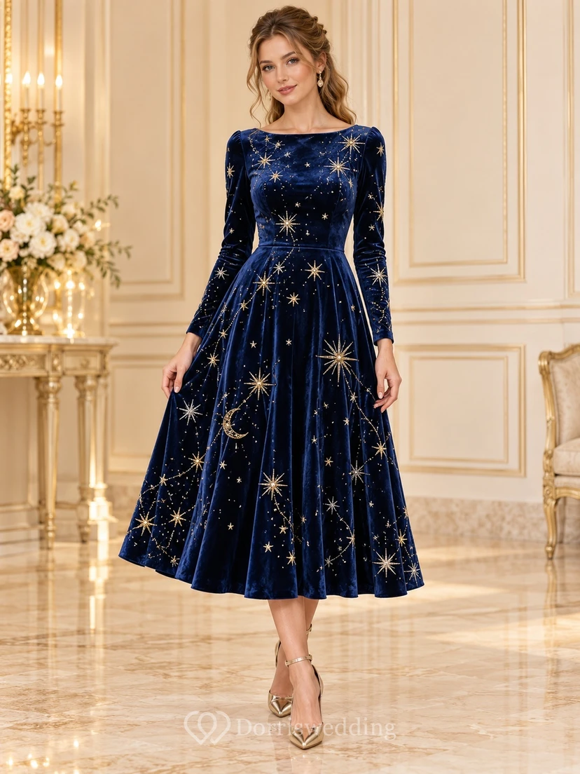 Dark Navy Boat Neck Long Sleeve Celestial Velvet Dress