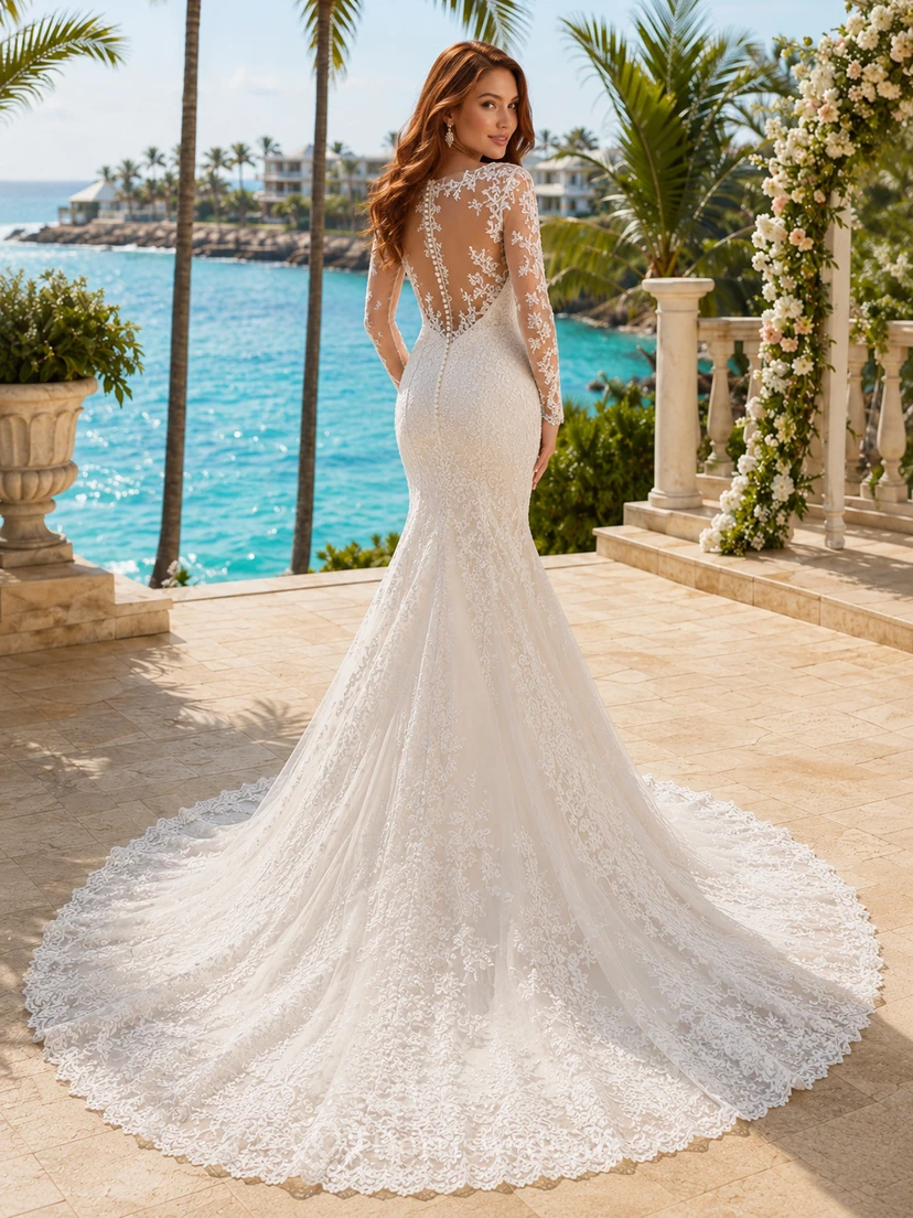 Robe de mariée sirène en dentelle à manches longues et décolleté plongeant en V, avec traîne chapelle, idéale pour une destination. view 2
