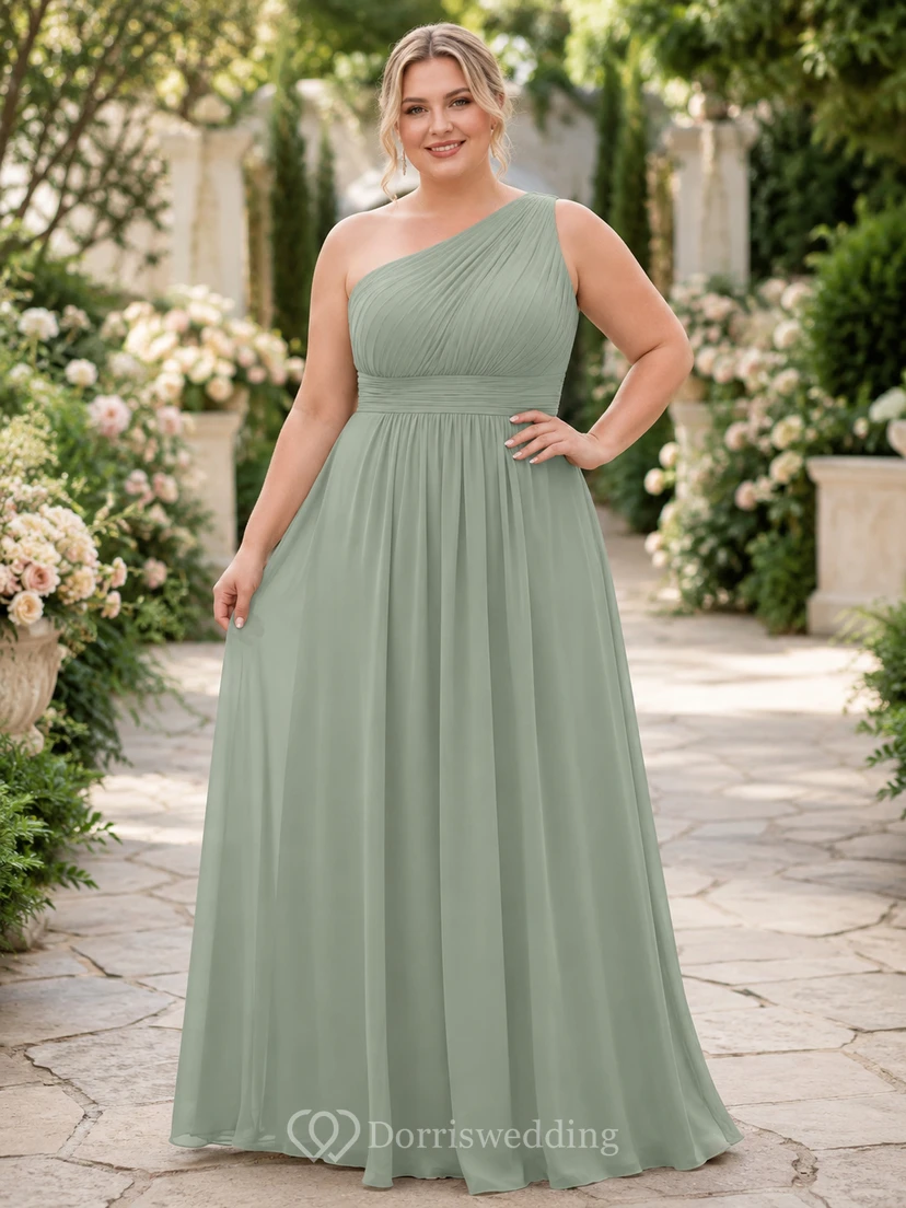 Sage green plus size one shoulder chiffon floor length bridesmaid dress