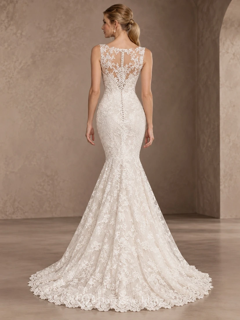 Robe de mariée sirène sans manches à col bijou en dentelle florale view 2