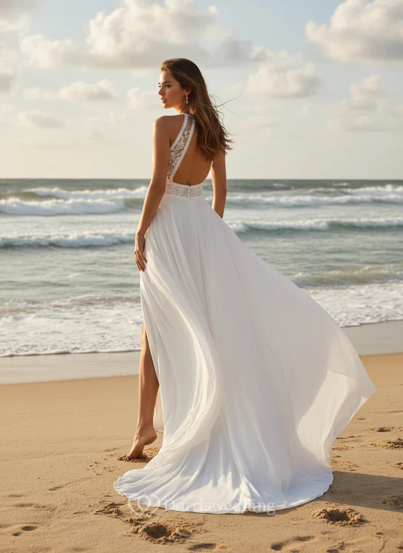 Scoop Neck Sheer Lace Beach Wedding Dress with Slit view 2