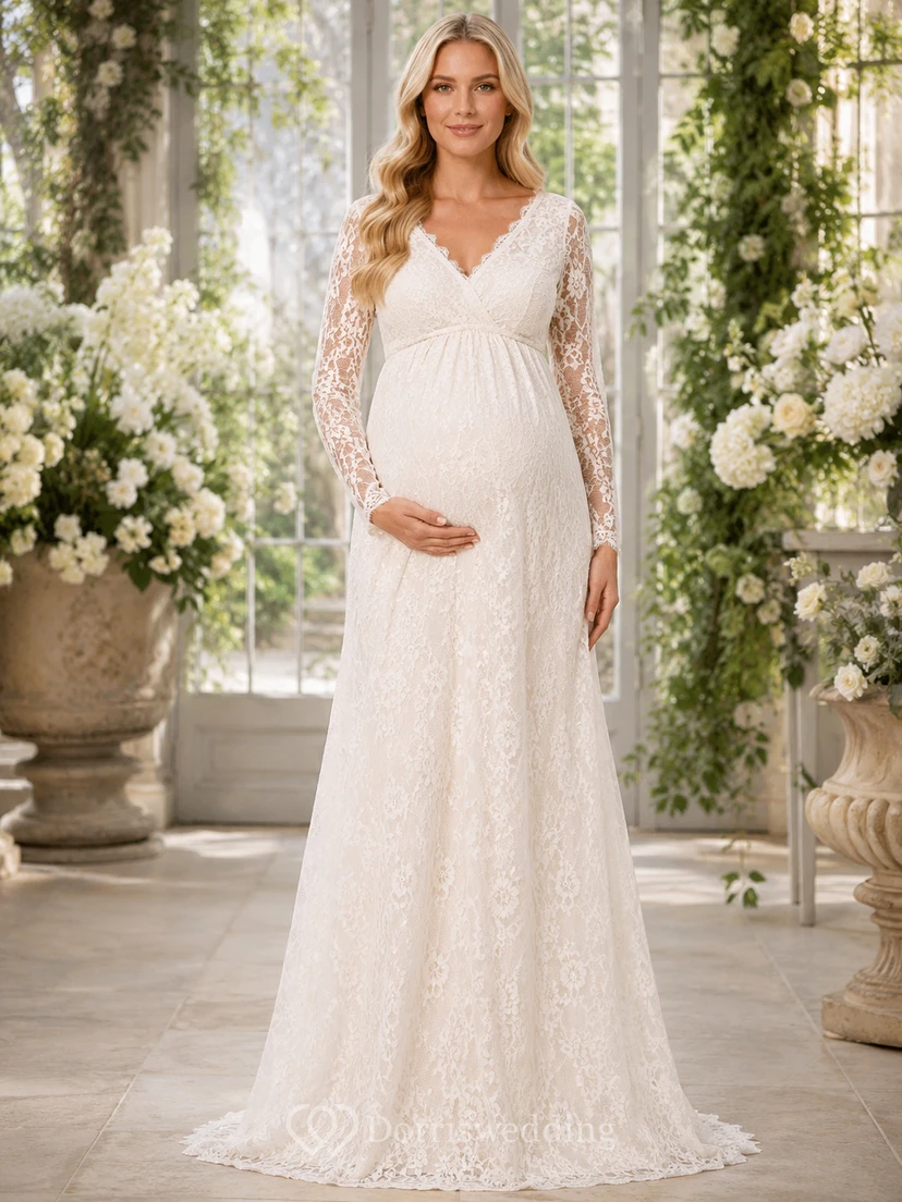 Robe de mariée romantique de maternité à col en V, manches illusion longues, en dentelle, style empire