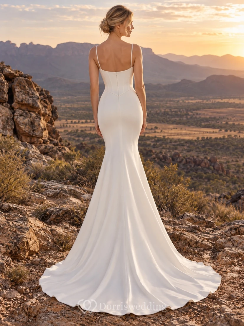Einfaches Brautkleid aus Satin mit eckigem Ausschnitt, Spaghettiträgern und Meerjungfrauen-Schleppe view 2