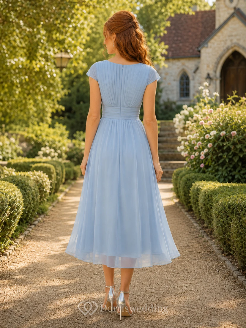 Powder Blue Cap Sleeve Chiffon A Line Family Ceremony Dress view 2