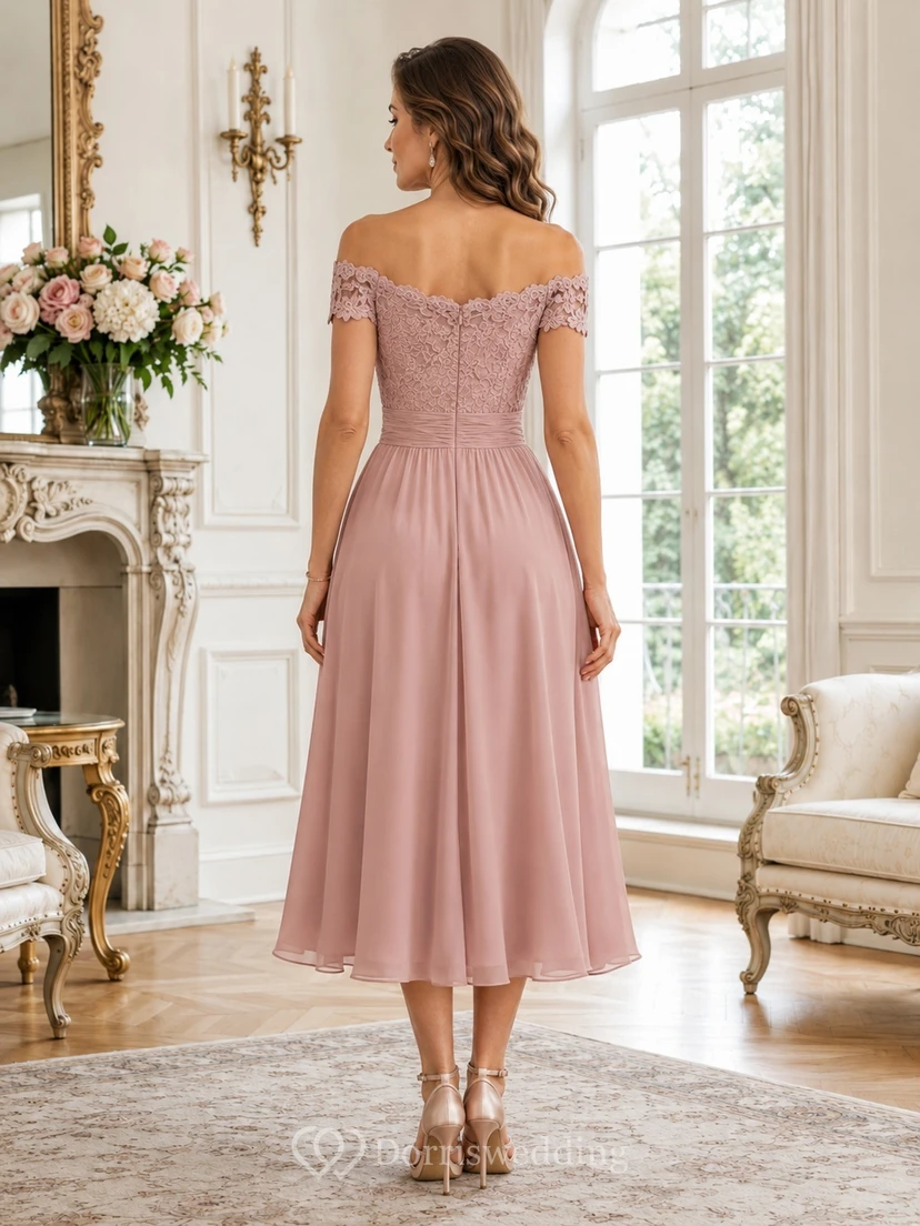 Dusty Rose Off-the-shoulder Pleated Chiffon A-Line Tea-length Romantic Dress view 2