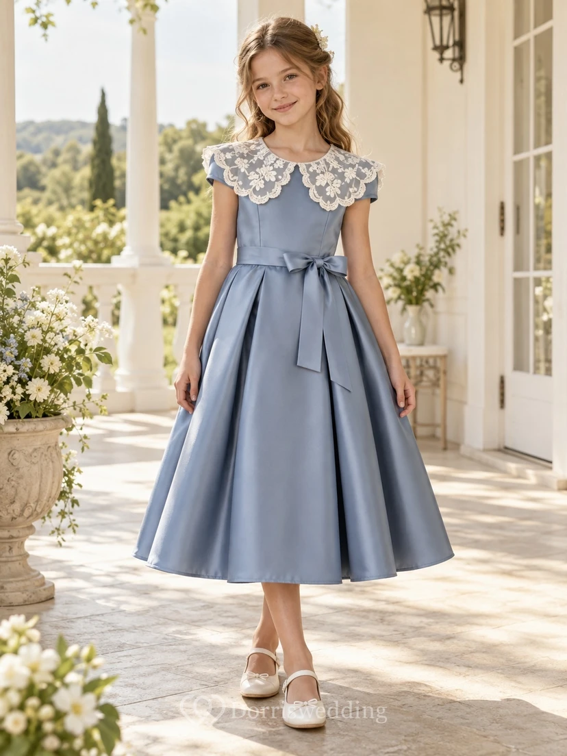 Vintage Tea-length Blue Cap Sleeve Floral Collar Bow Satin Flower Girl Dress