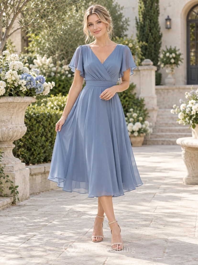 Vestido de invitada de boda sencillo azul, largo hasta la rodilla, con escote en V, mangas con volantes, gasa fruncida y cintura con banda.