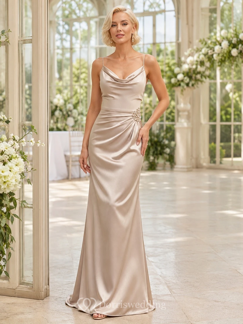 Elegant Champagne Cowl Neck Sleeveless Satin Mermaid Floor-length Gown