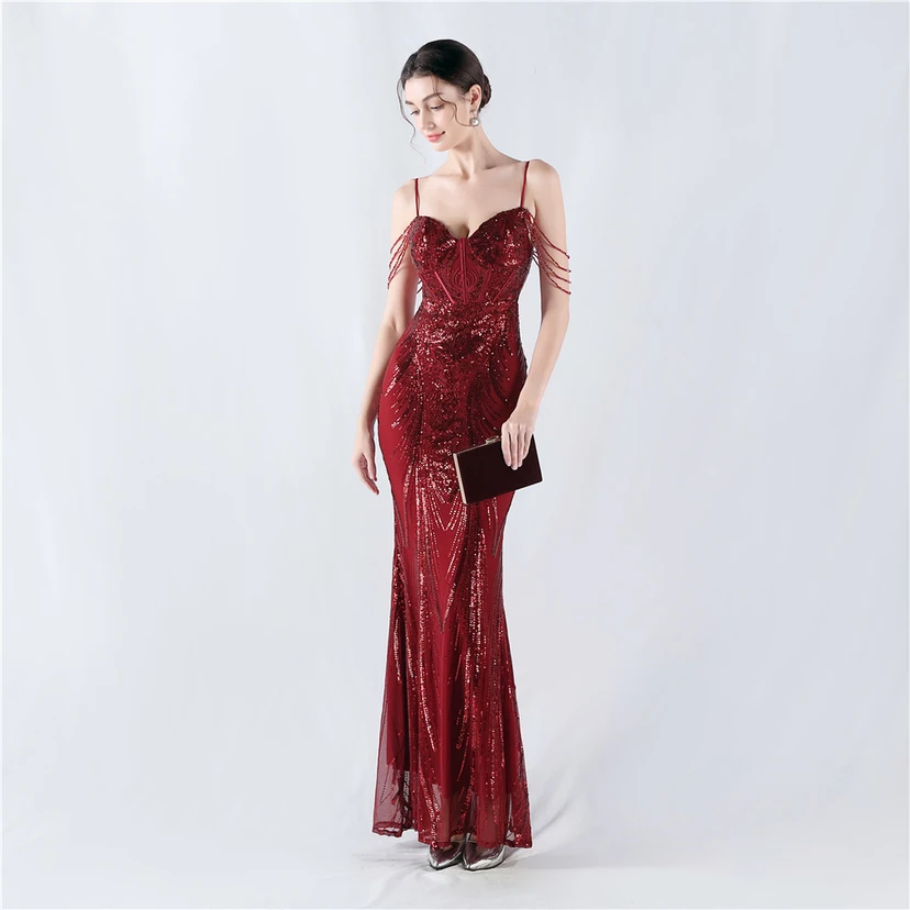 Waist-Reduced Fishbone Shaping Positioning Flower Sequined Anchor Sexy Beaded Suspender Evening Dress view 95
