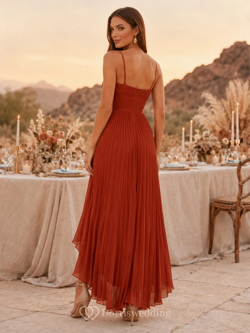 Vermilion Square Strap Pleated Chiffon A Line High Low Desert Guest Dress view 2
