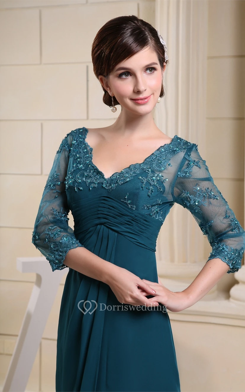 Maxikleid mit V-Ausschnitt, Empire-Ärmeln, Illusionsärmeln und Applikationen view 4