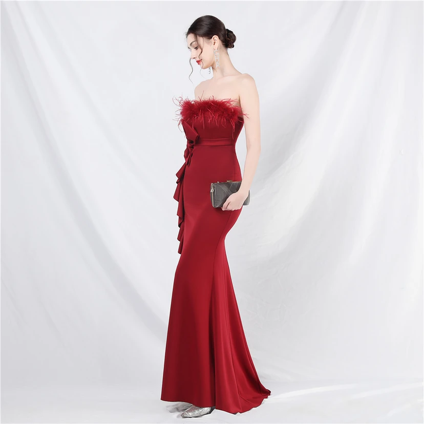Crafted Custom-Made Ostrich Hair Off-Shoulder Tube Top Dinner Celebration Wedding Dress view 5