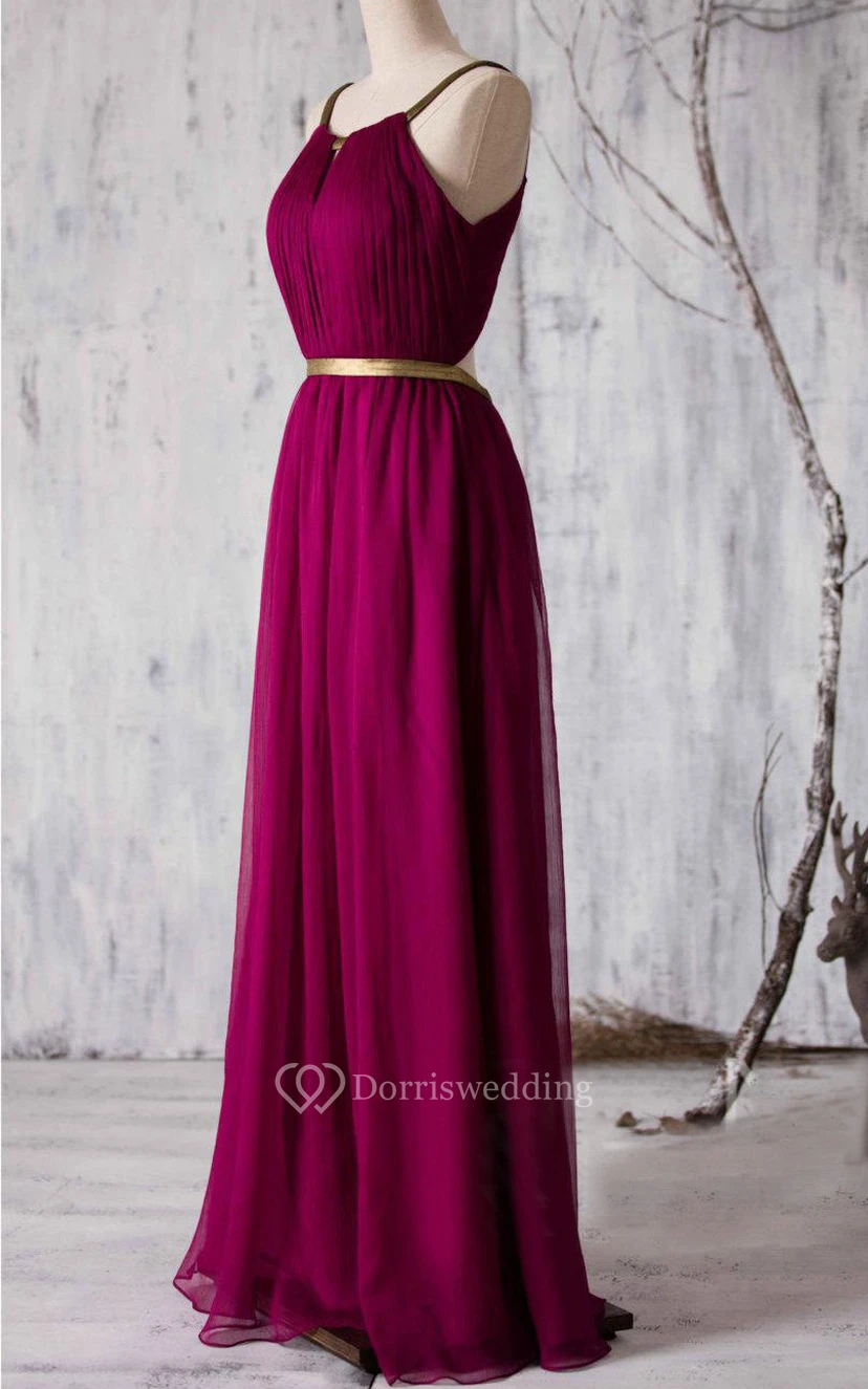 Allover Pleated A-line Chiffon Floor Length Dress With Back Keyhole view 3