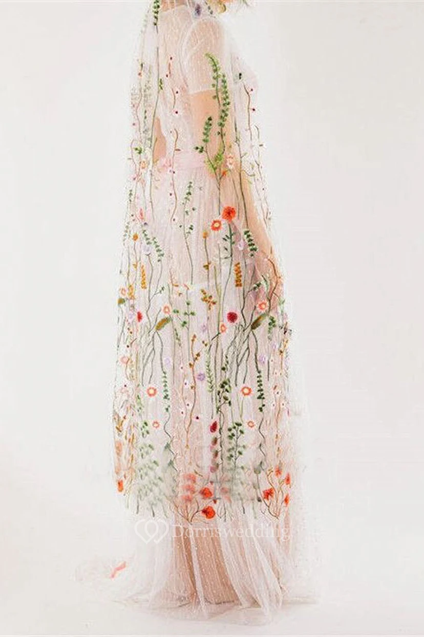 Fairy Tulle Wedding Veil With Embroidery Flower Patterns view 2