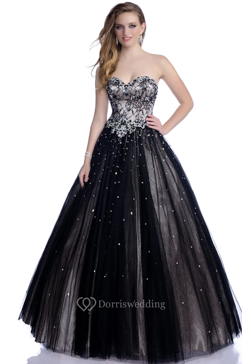Sophisticated A-Line Tulle Sleeveless Sweetheart Prom Dress With Shining Rhinestones And Sequins