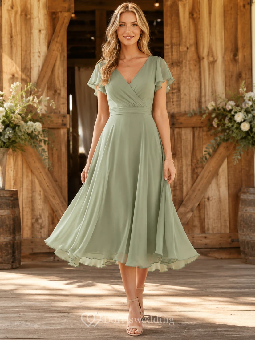 Salbeigrünes Chiffonkleid mit V-Ausschnitt, flatternden Ärmeln und Teelänge in A-Linie