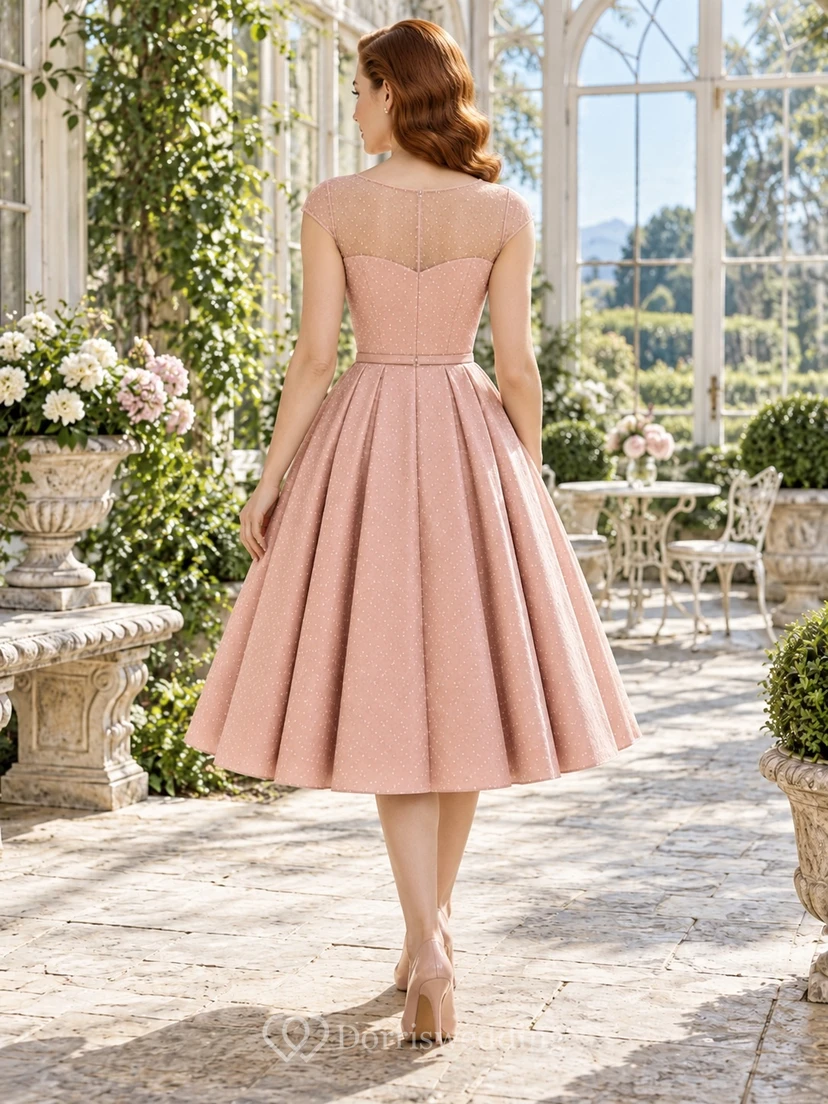 Vestido de fiesta vintage rosa hasta la rodilla, sin mangas, con escote corazón ilusión y corte en A. view 2