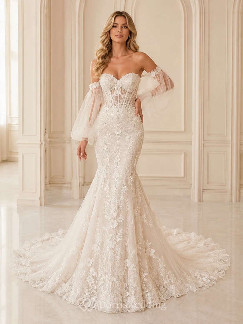 Robe de mariée sirène romantique à manches poétiques, épaules dénudées, dentelle florale et traîne chapelle