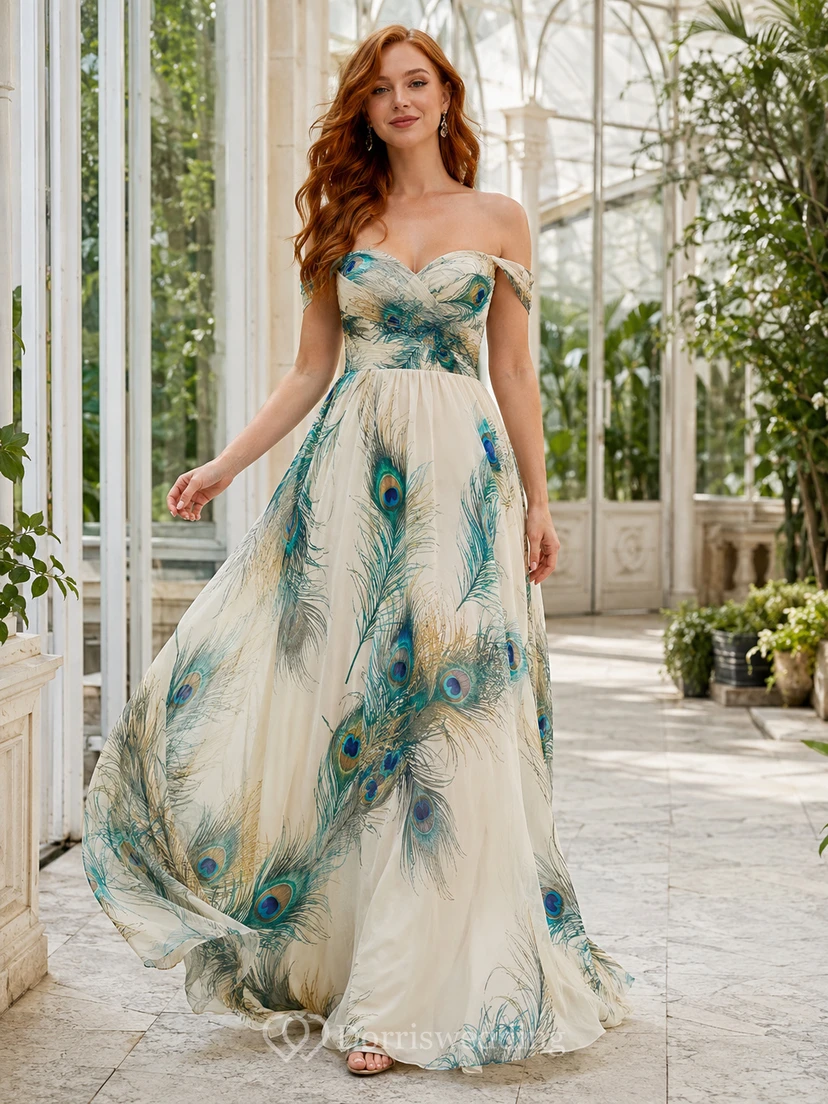 Peacock Feather Print Off Shoulder Chiffon A-Line Maxi Dress