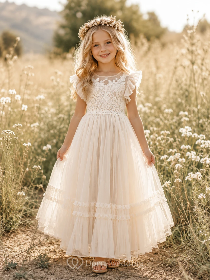 Blumenmädchenkleid in A-Linie aus Tüllspitze mit Rundhalsausschnitt, Blütenblattärmeln und gestuftem, knöchellangem Rüschenrock