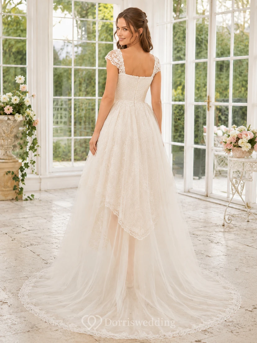 Vintage Square Neck Cap Sleeve Lace High Low A-Line Wedding Dress view 2