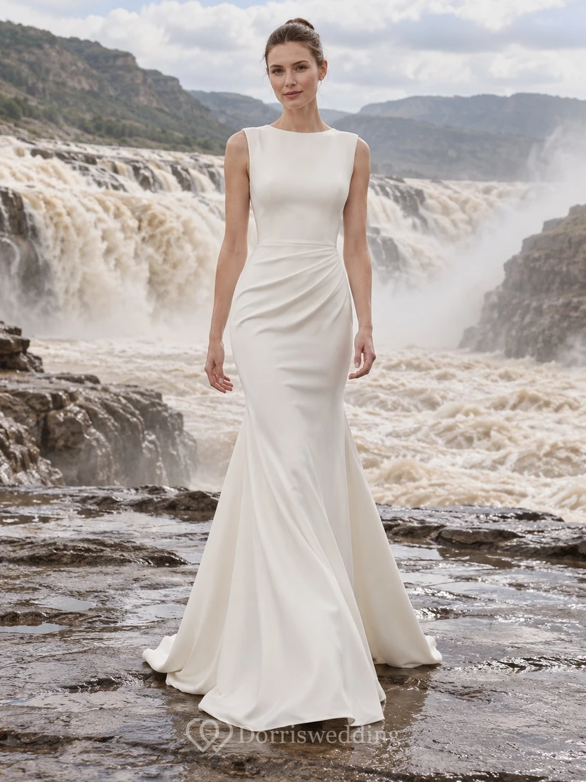 Vestido de novia sencillo, modesto, sin mangas, con cuello alto y espalda alta, estilo sirena y drapeado.
