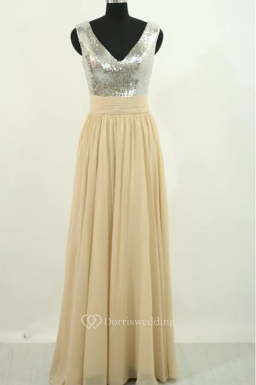 A-Line Chiffon Sequins V-neck Sleeveless Zipper Dress
