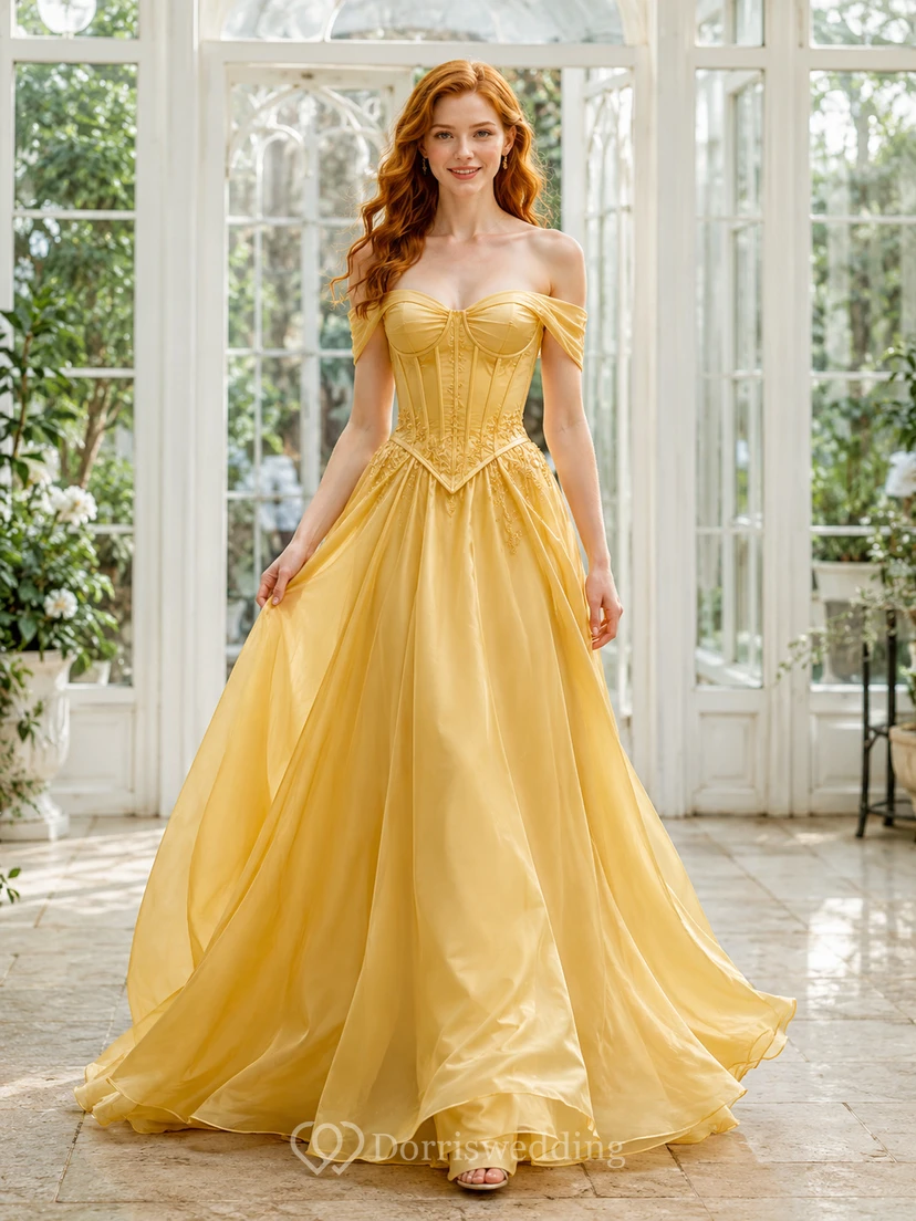 Vestido de novia vasco de corte A con corsé de satén drapeado y hombros descubiertos color amarillo narciso